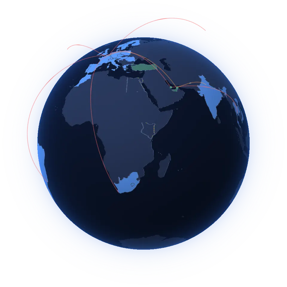 Globe showing 34 visited countries, 8 journeys and 4 transit countries