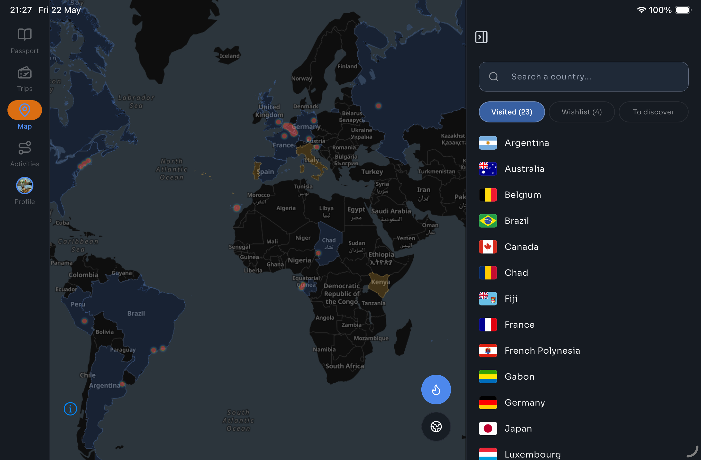 Wanderinga on iPad — world map in landscape view