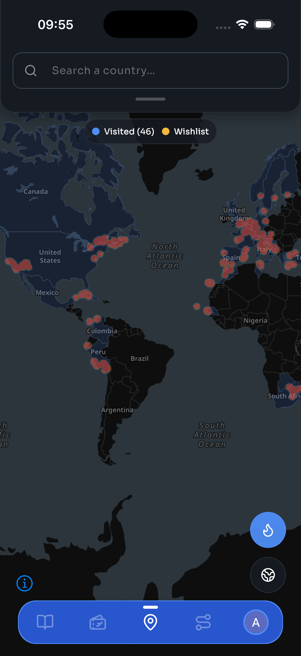 World map with visited country pins