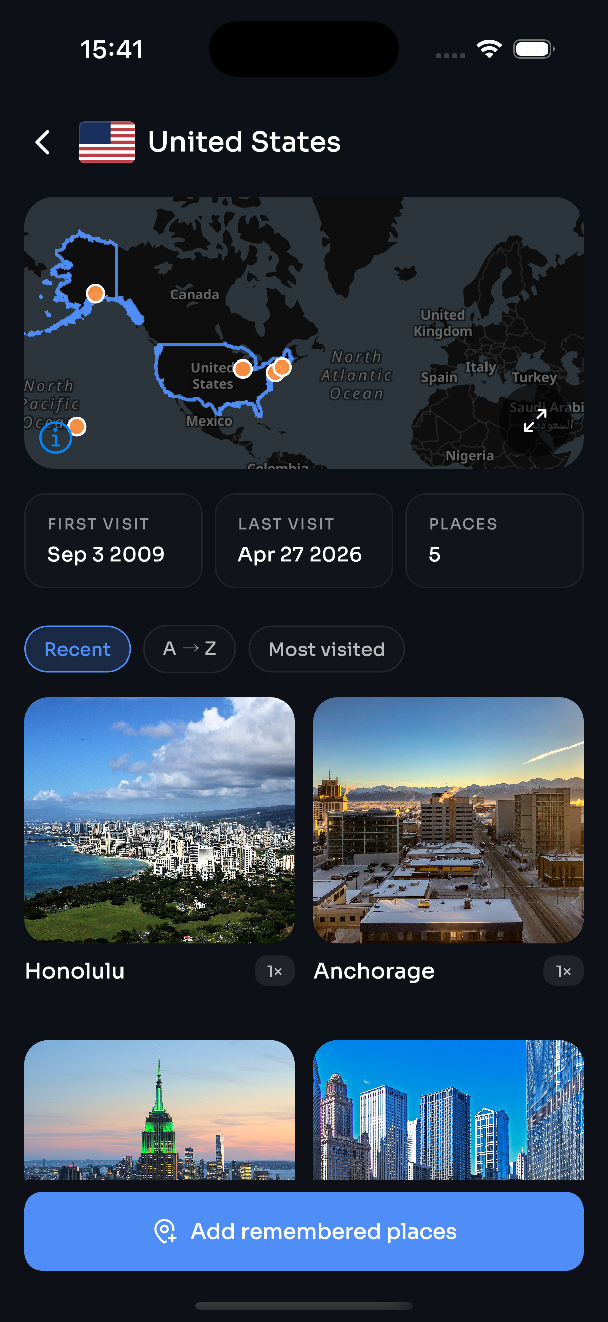 Country detail page with places